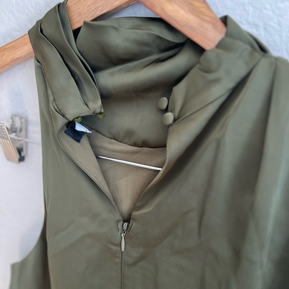 NWOT Distinctive Charm Olive Green Satin Asymmetrical Midi Dress - Picture 9 of 10